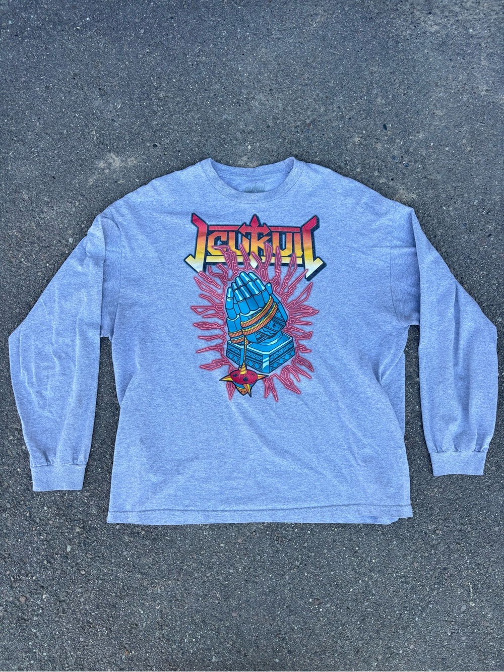 Graphic Long Sleeve Tee - Light Gray with Colorful Chest Print